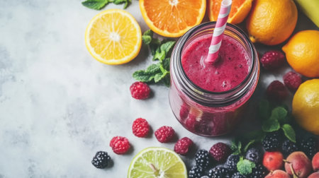 Berry smoothie on table with assorted fruits and berries, copy space. High quality photoの素材