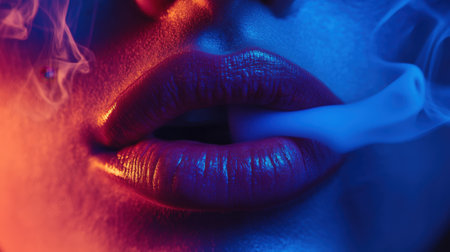 Female lips against nightclub background with smoke close-up. High quality photoの素材