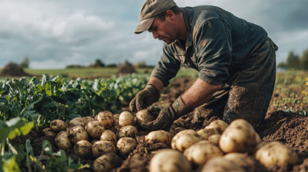 Farmer collecting dug up potatoes. High quality photoの素材
