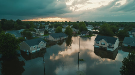Flooded suburban area with partially submerged houses. High quality photoの素材
