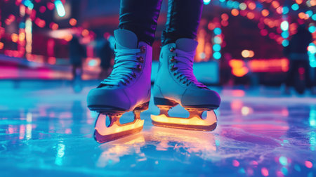 Legs in winter, skates close-up on ice in neon light. High quality photoの素材