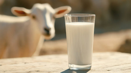 Glass of milk on table with goat background close-up and copy space. High quality photoの素材