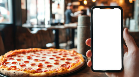 Hand holding smartphone with white screen against pizza in cafe background. High quality photoの素材