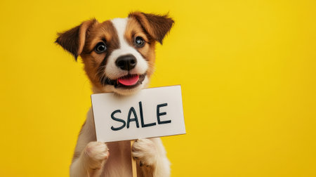 Funny puppy holding "for sale" sign on yellow background with copy space. High quality photoの素材