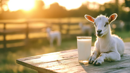 Glass of milk on table with goat background close-up and copy space. High quality photoの素材