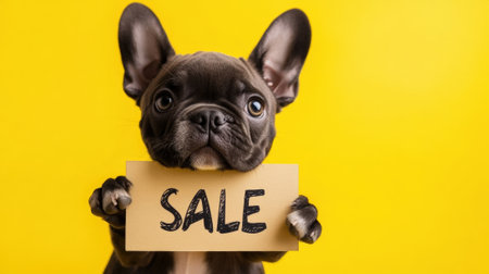 Funny puppy holding "for sale" sign on yellow background with copy space. High quality photoの素材