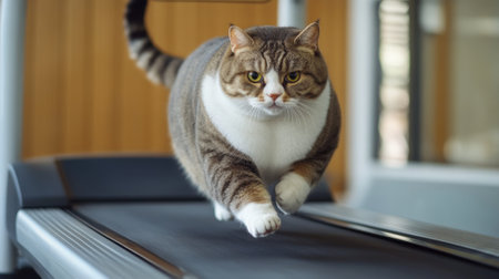 Funny fluffy fat cat running on treadmill in gym. High quality photoの素材
