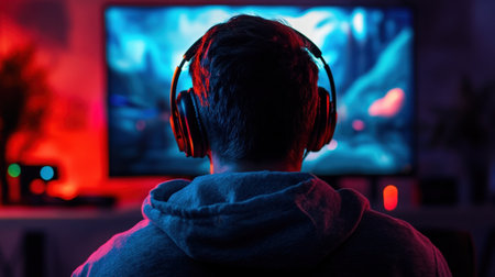 Gamer with headphones immersed in bright gaming lighting, focused on computer game, back view. High quality photoの素材
