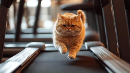 Funny fluffy fat cat running on treadmill in gym. High quality photoの素材