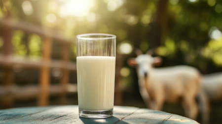 Glass of milk on table with goat background close-up and copy space. High quality photoの素材