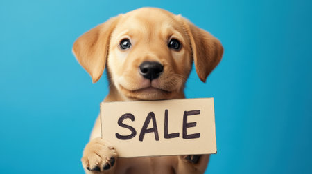 Funny puppy holding "for sale" sign on blue background with copy space. High quality photoの素材