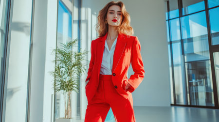Woman in red business suit and blazer in modern minimalist style at office. High quality photoの素材