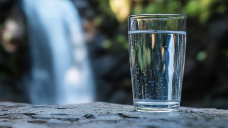 Glass of pure water on stone countertop against waterfall with copy space. High quality photoの素材
