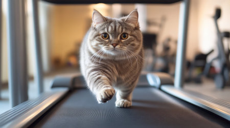 Funny fluffy fat cat running on treadmill in gym. High quality photoの素材