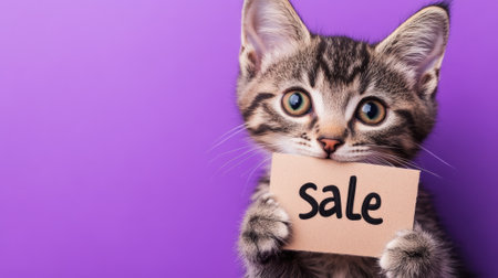 Funny cat holding "for sale" sign on purple background with copy space. High quality photoの素材