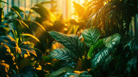 Green plants basking in sunlight inside greenhouse. High quality photoの素材