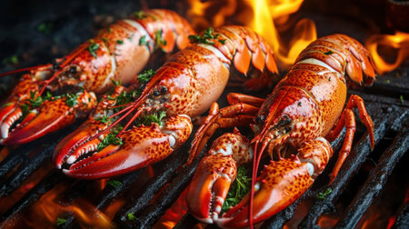 Grilled lobsters cooked over open fire with herbs for gourmets. High quality photoの素材