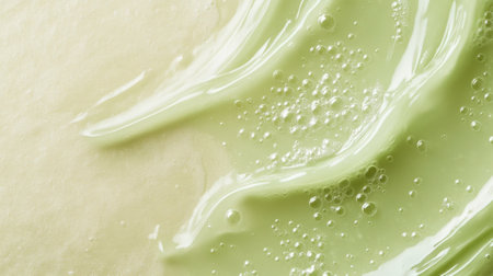 Green gel sample with tiny bubbles on light beige background. High quality photoの素材