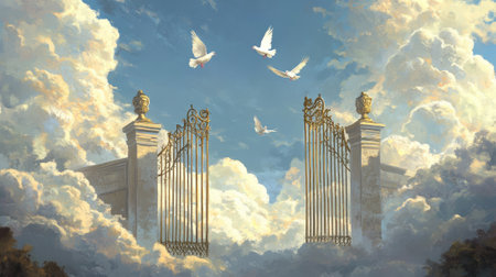Gilded gates stand open in the sky as doves fly through. High quality photoの素材