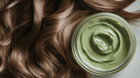 Green hair mask in jar next to wavy chestnut hair. High quality photoの素材