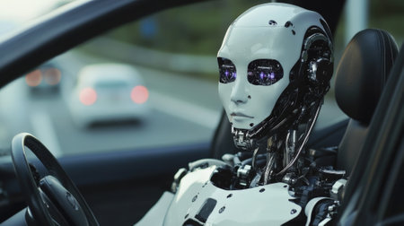 Humanoid robot driving car close-up. High quality photoの素材