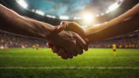 Close-up handshake against a football field background. High quality photoの素材