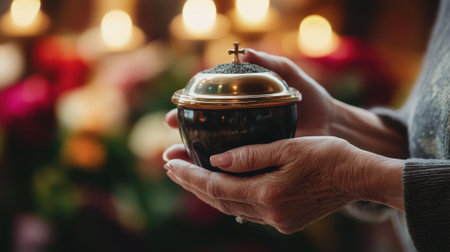 Hands holding an urn with ashes, close-up against a church background. High quality photoの素材