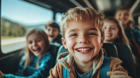 Happy children going on a bus tour. High quality photoの素材