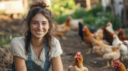 Happy farmer woman outdoors with her chickens. High quality photoの素材