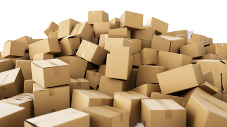 Massive pile of numerous ordinary cardboard boxes on white background. High quality photoの素材