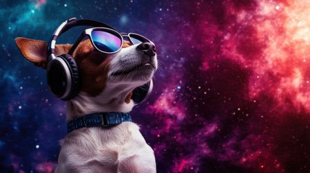 Happy dog wearing headphones listening to music with space background. High quality photoの素材
