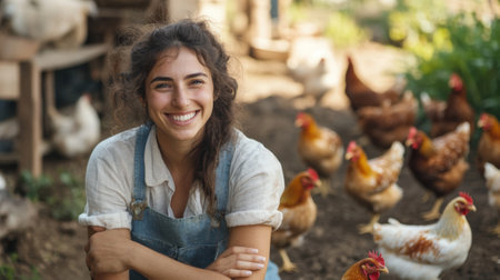 Happy farmer woman outdoors with her chickens. High quality photoの素材