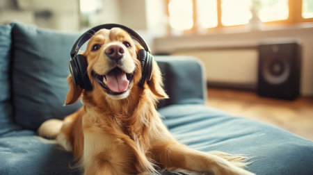 Happy dog wearing headphones listening to music at home. High quality photoの素材