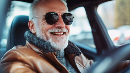 Happy stylish senior man in sunglasses driving a car. High quality photoの素材
