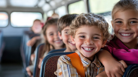 Happy children going on a bus tour. High quality photoの素材