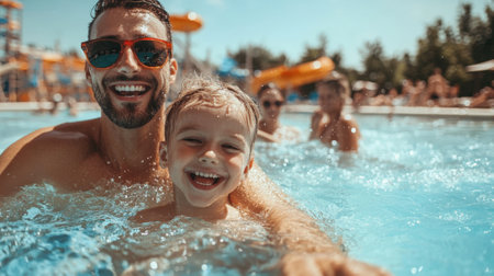 Happy dad with child at water park background. High quality photoの素材