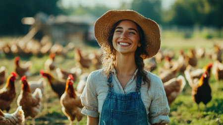 Happy farmer woman outdoors with her chickens. High quality photoの素材