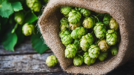 Hops cones in a bag close up. High quality photoの素材