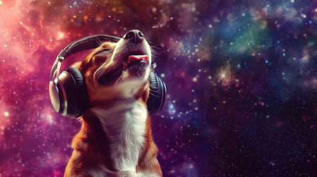 Happy dog wearing headphones listening to music with space background. High quality photoの素材