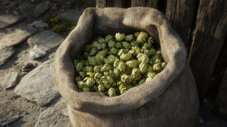 Hops cones in a bag close up. High quality photoの素材