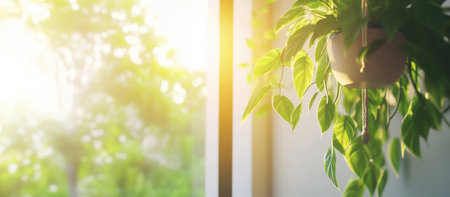 Indoor hanging plant with bright green leaves near window. High quality photoの素材