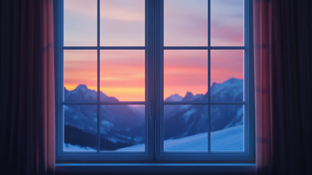 Large window with view of evening mountains close up. High quality photoの素材