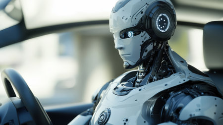 Humanoid robot driving car close-up. High quality photoの素材