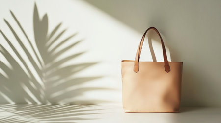 Leather bag on white surface with leafy plant. High quality photoの素材