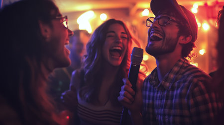 Lively gathering of people in dimly lit room singing karaoke. High quality photoの素材
