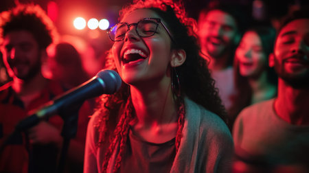 Lively gathering of people in dimly lit room singing karaoke. High quality photoの素材
