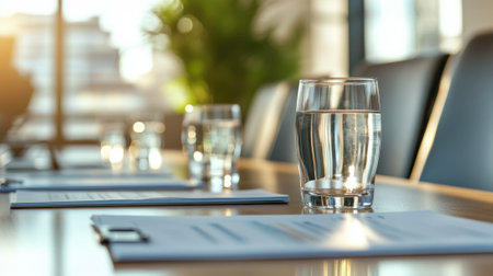 Light-colored conference table with water glasses and documents. High quality photoの素材