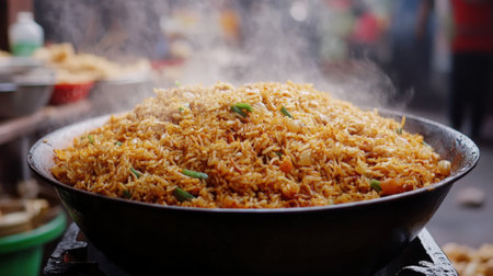 Large wok with pilaf on street market background close-up. High quality photoの素材