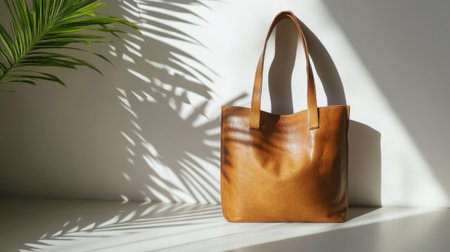 Leather bag on white surface with leafy plant. High quality photoの素材