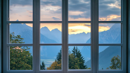 Large window with view of evening mountains close up. High quality photoの素材